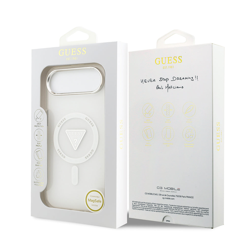 Apple iPhone 17 Air Kılıf Guess Orjinal Lisanslı M-safe Şarj Özellikli IML Baskılı Üçgen Logolu Metal Kamera Çerçeveli Kapak
