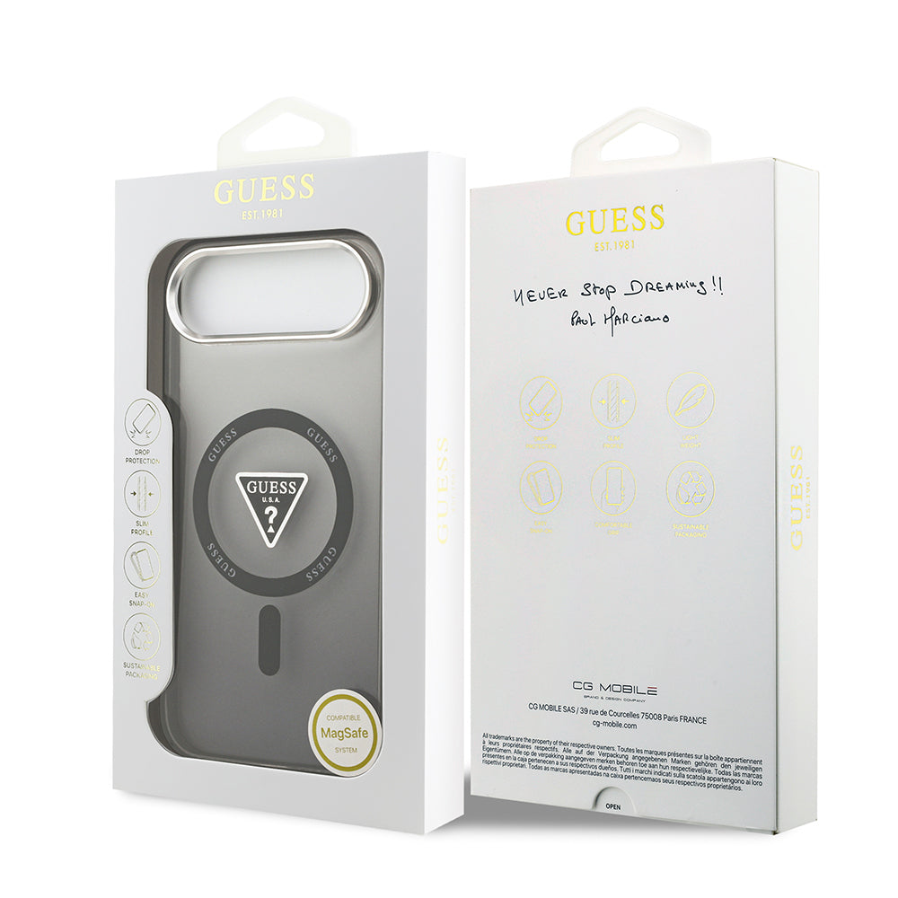 Apple iPhone 17 Air Kılıf Guess Orjinal Lisanslı M-safe Şarj Özellikli IML Baskılı Üçgen Logolu Metal Kamera Çerçeveli Kapak