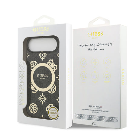 Apple iPhone 17 Air Kılıf Guess Orjinal Lisanslı M-safe Şarj Özellikli IML Peony ve 4G Desenli Klasik Logolu Kapak