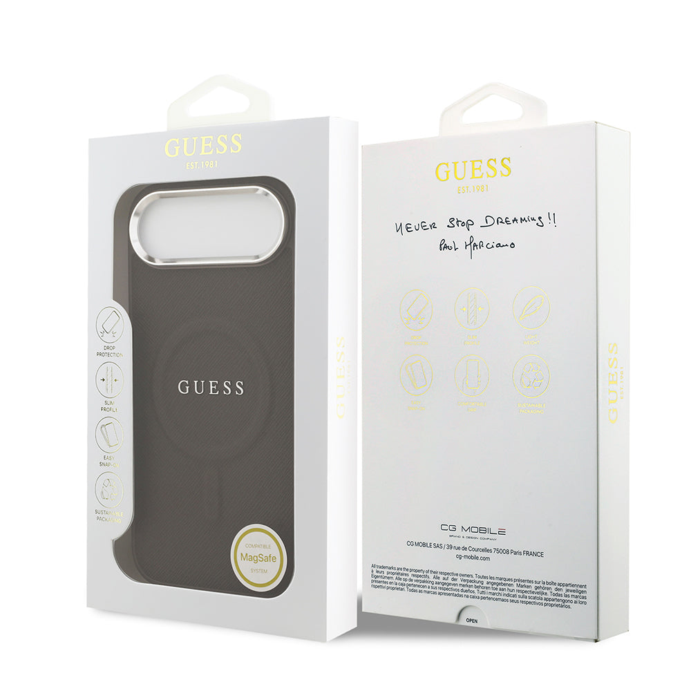 Apple iPhone 17 Air Kılıf Guess Orjinal Lisanslı M-safe Şarj Özellikli Klasik Yazı Logolu PU Deri Kapak