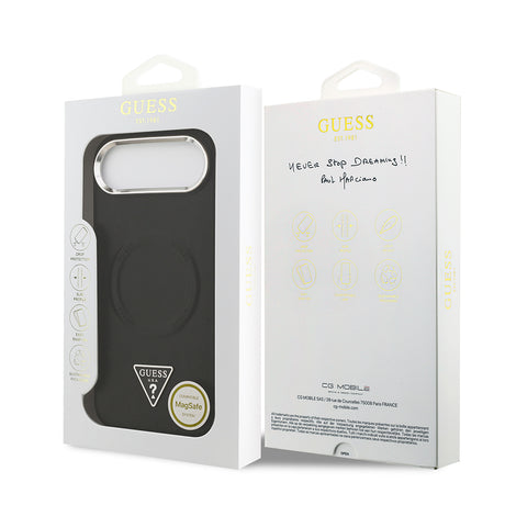 Apple iPhone 17 Air Kılıf Guess Orjinal Lisanslı M-safe Şarj Özellikli PU Deri Metal Kamera Çerçeveli Üçgen Logolu Kapak