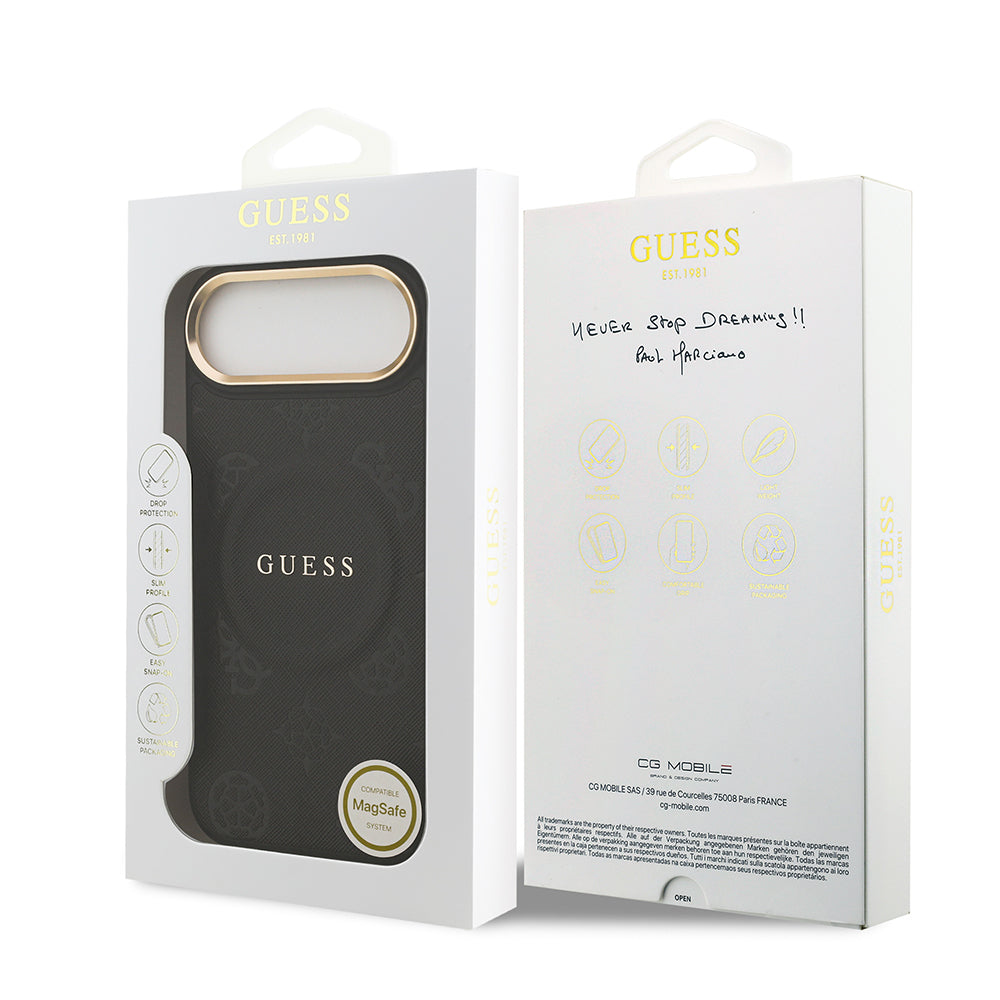 Apple iPhone 17 Air Kılıf Guess Orjinal Lisanslı M-safe Şarj Özellikli Sıcak Baskılı Yazı Logolu PU Deri Peony Kapak