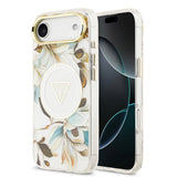 Apple iPhone 17 Air Kılıf Guess Orjinal Lisanslı M-safe Şarj Özellikli Simli Çiçek Desenli Metal Kamera Çerçeveli Üçgen Logolu Kapak