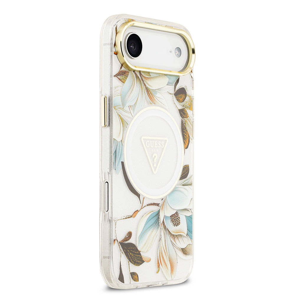 Apple iPhone 17 Air Kılıf Guess Orjinal Lisanslı M-safe Şarj Özellikli Simli Çiçek Desenli Metal Kamera Çerçeveli Üçgen Logolu Kapak