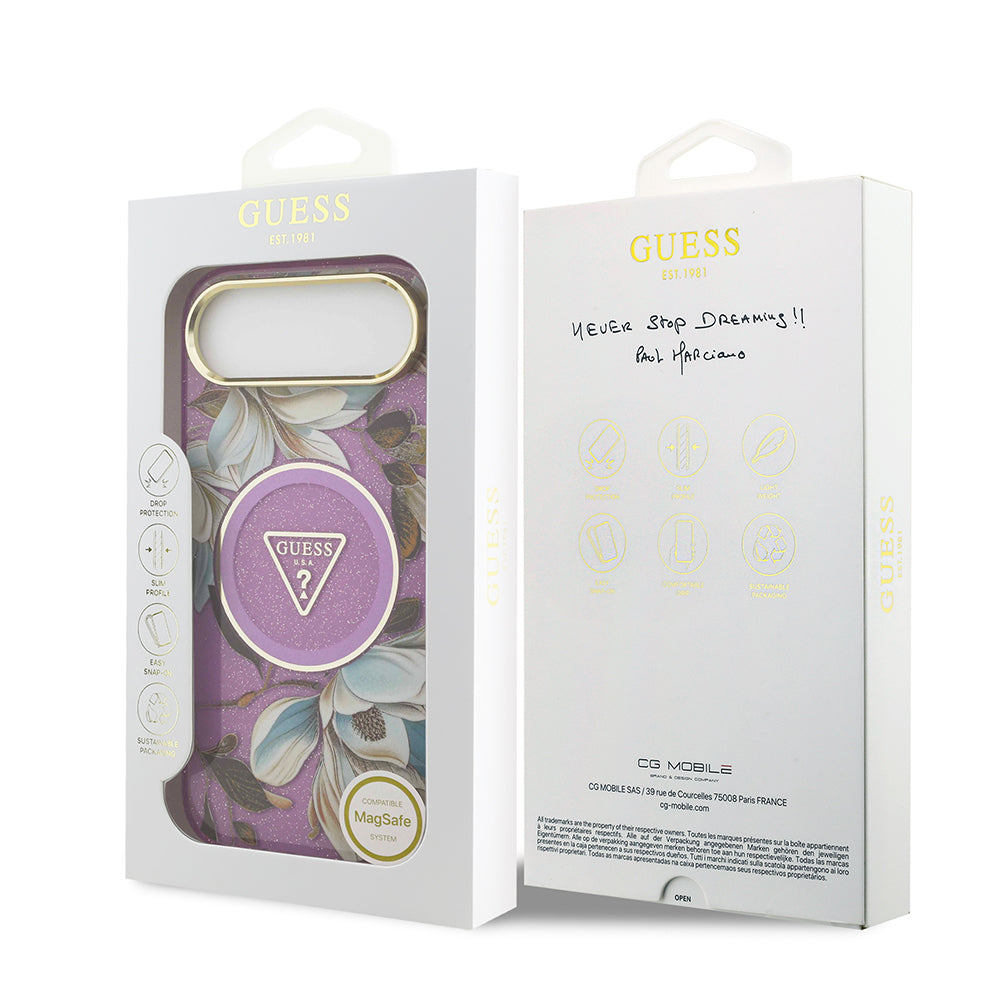 Apple iPhone 17 Air Kılıf Guess Orjinal Lisanslı M-safe Şarj Özellikli Simli Çiçek Desenli Metal Kamera Çerçeveli Üçgen Logolu Kapak