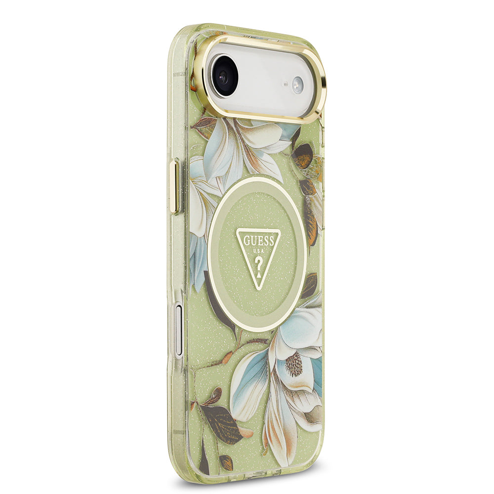Apple iPhone 17 Air Kılıf Guess Orjinal Lisanslı M-safe Şarj Özellikli Simli Çiçek Desenli Metal Kamera Çerçeveli Üçgen Logolu Kapak