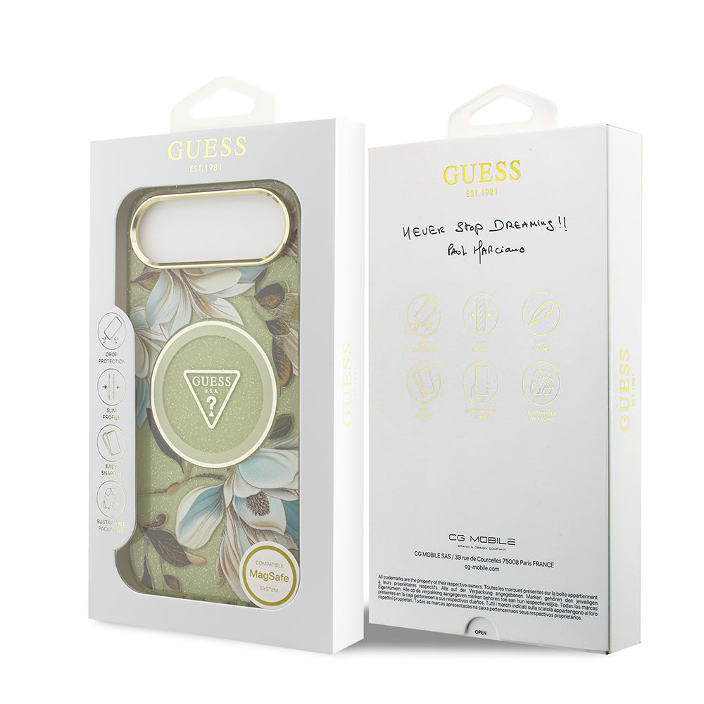 Apple iPhone 17 Air Kılıf Guess Orjinal Lisanslı M-safe Şarj Özellikli Simli Çiçek Desenli Metal Kamera Çerçeveli Üçgen Logolu Kapak