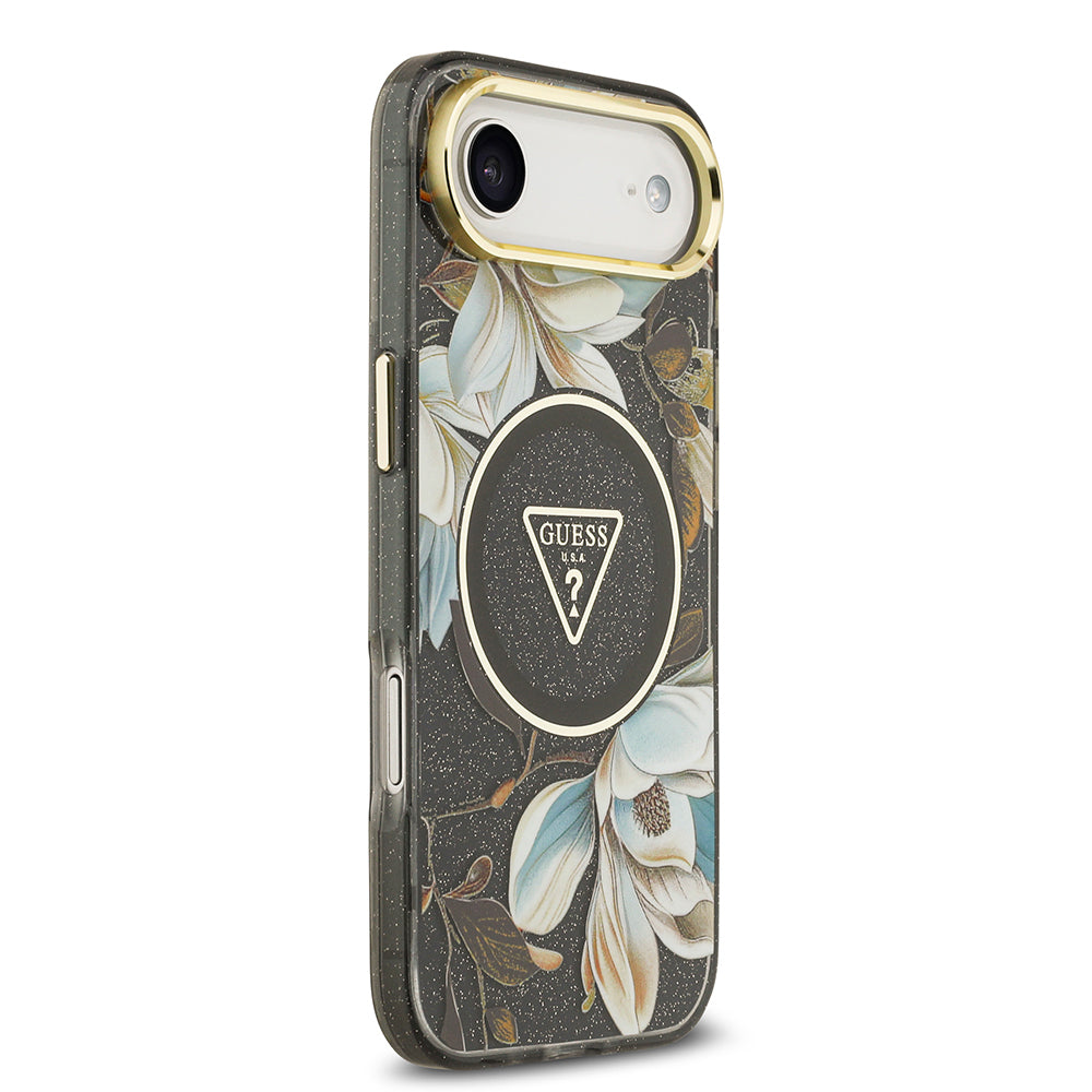Apple iPhone 17 Air Kılıf Guess Orjinal Lisanslı M-safe Şarj Özellikli Simli Çiçek Desenli Metal Kamera Çerçeveli Üçgen Logolu Kapak
