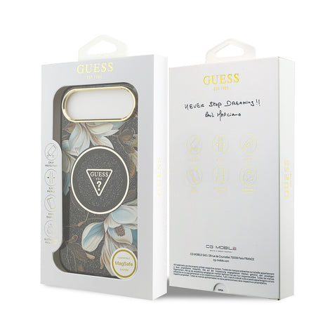 Apple iPhone 17 Air Kılıf Guess Orjinal Lisanslı M-safe Şarj Özellikli Simli Çiçek Desenli Metal Kamera Çerçeveli Üçgen Logolu Kapak