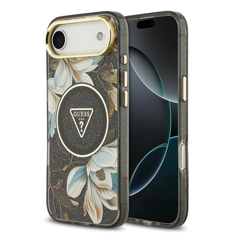 Apple iPhone 17 Air Kılıf Guess Orjinal Lisanslı M-safe Şarj Özellikli Simli Çiçek Desenli Metal Kamera Çerçeveli Üçgen Logolu Kapak
