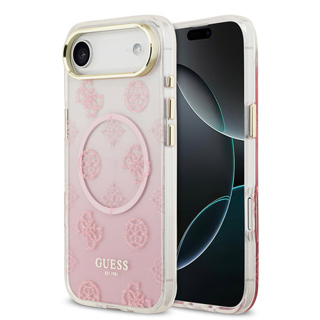 Apple iPhone 17 Air Kılıf Guess Orjinal Lisanslı M-safe Şarj Özellikli Simli Peony Desenli Silikon Kapak