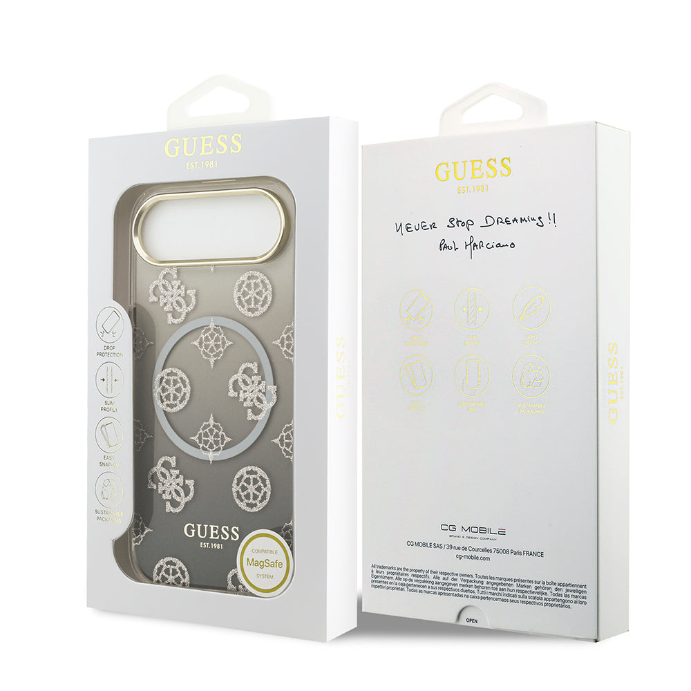 Apple iPhone 17 Air Kılıf Guess Orjinal Lisanslı M-safe Şarj Özellikli Simli Peony Desenli Silikon Kapak