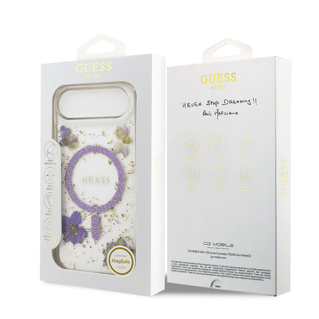 Apple iPhone 17 Air Kılıf Guess Orjinal Lisanslı M-safe Şarj Özellikli Transparan Resin Flowers Kapak