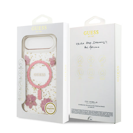 Apple iPhone 17 Air Kılıf Guess Orjinal Lisanslı M-safe Şarj Özellikli Transparan Resin Flowers Kapak