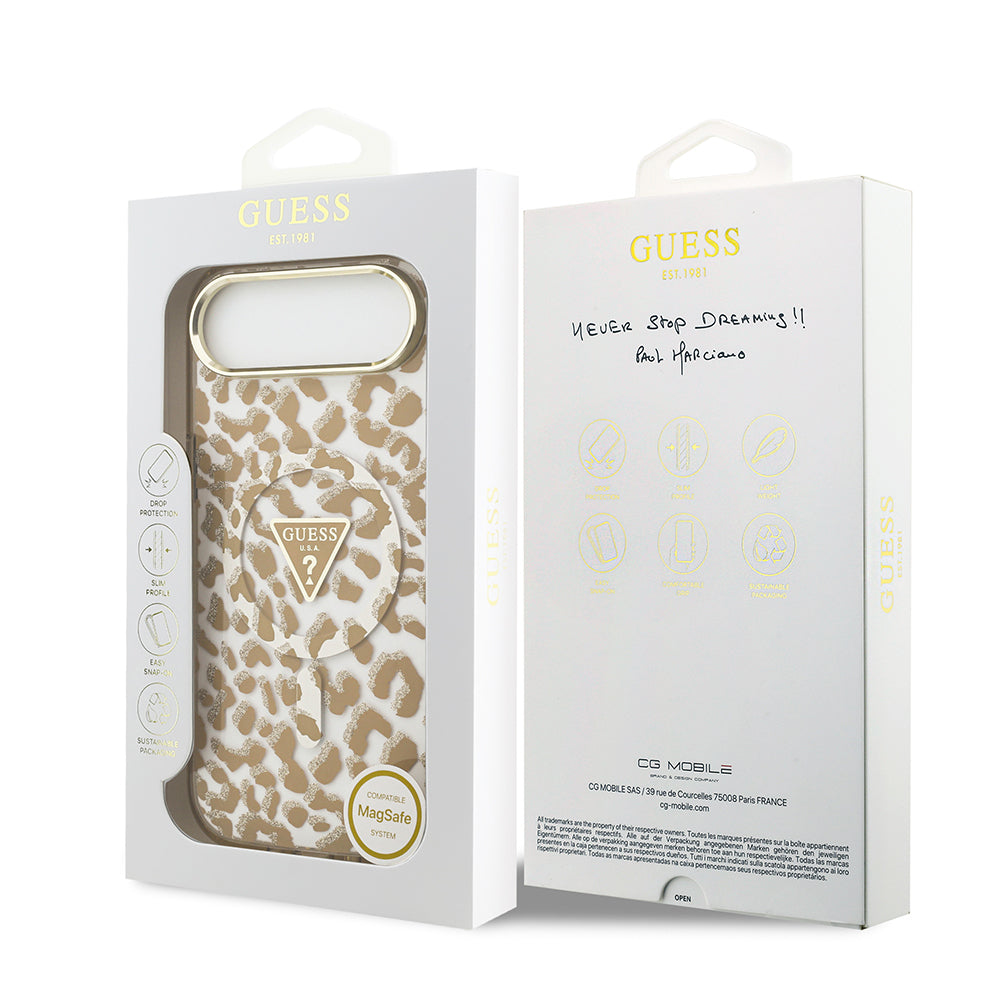 Apple iPhone 17 Air Kılıf Guess Orjinal Lisanslı M-safe Şarj Özellikli Üçgen Logolu Simli Leopar Desenli Kapak