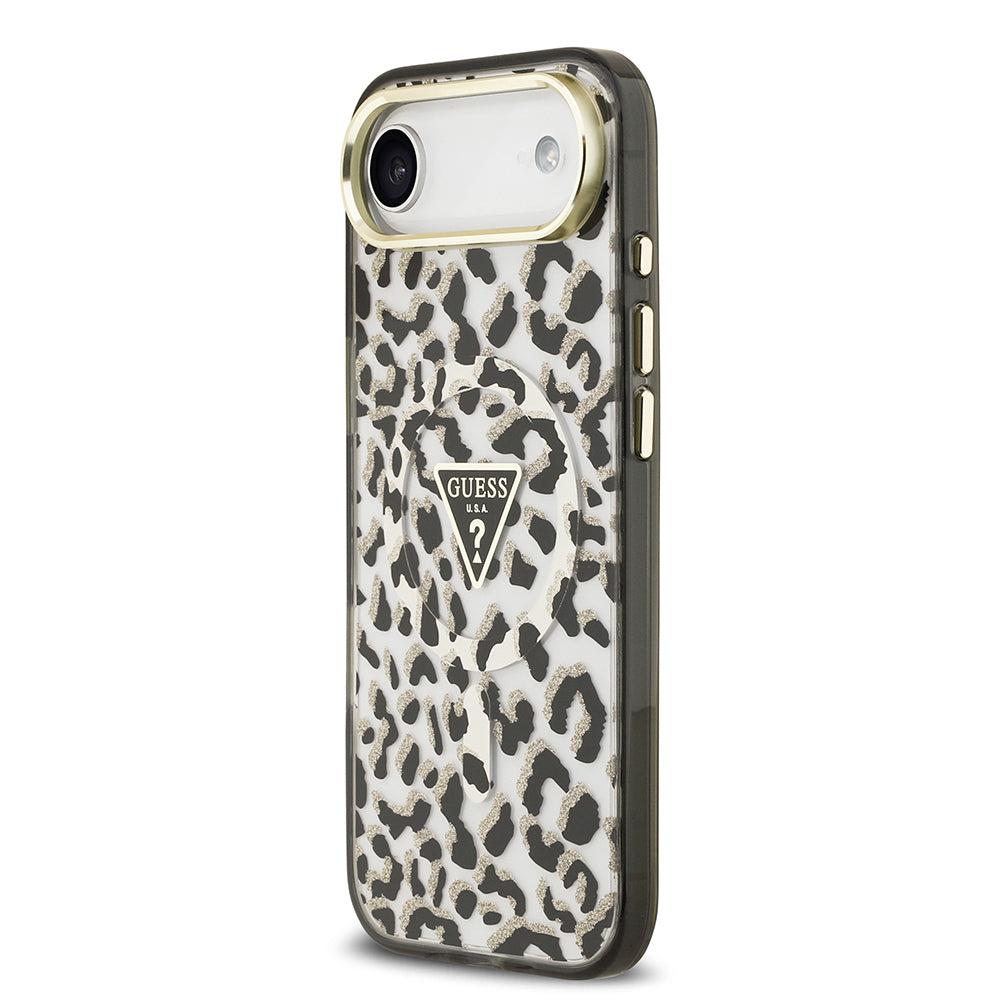 Apple iPhone 17 Air Kılıf Guess Orjinal Lisanslı M-safe Şarj Özellikli Üçgen Logolu Simli Leopar Desenli Kapak