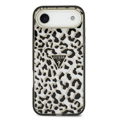Apple iPhone 17 Air Kılıf Guess Orjinal Lisanslı M-safe Şarj Özellikli Üçgen Logolu Simli Leopar Desenli Kapak