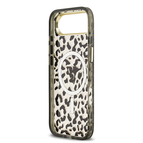 Apple iPhone 17 Air Kılıf Guess Orjinal Lisanslı M-safe Şarj Özellikli Üçgen Logolu Simli Leopar Desenli Kapak