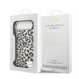 Apple iPhone 17 Air Kılıf Guess Orjinal Lisanslı M-safe Şarj Özellikli Üçgen Logolu Simli Leopar Desenli Kapak