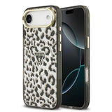 Apple iPhone 17 Air Kılıf Guess Orjinal Lisanslı M-safe Şarj Özellikli Üçgen Logolu Simli Leopar Desenli Kapak