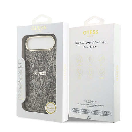 Apple iPhone 17 Air Kılıf Guess Orjinal Lisanslı M-safe Şarj Özellikli Yazı Logolu Python Desenli Kapak
