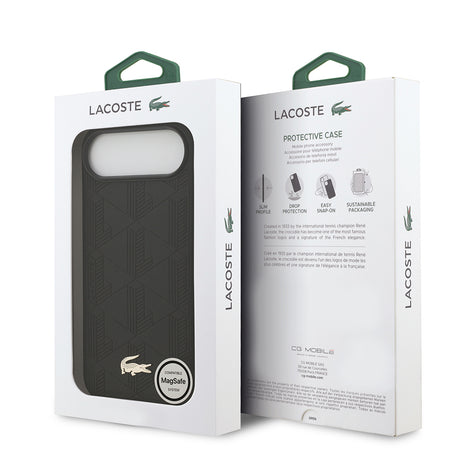 Apple iPhone 17 Air Kılıf Lacoste Orjinal Lisanslı M-safe Şarj Özellikli PU Deri Tasarımlı Karışık Monogram Desenli Kapak