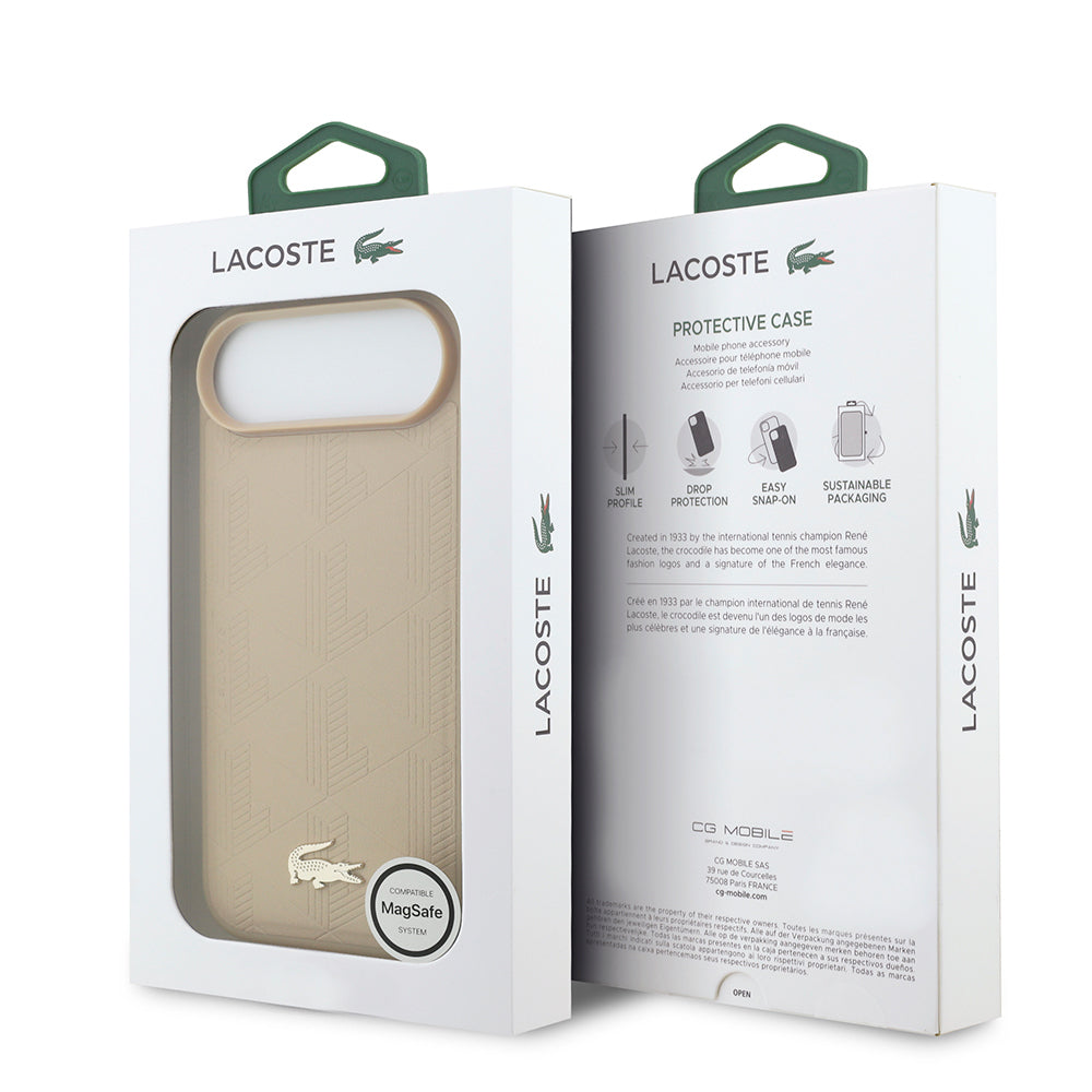 Apple iPhone 17 Air Kılıf Lacoste Orjinal Lisanslı M-safe Şarj Özellikli PU Deri Tasarımlı Karışık Monogram Desenli Kapak