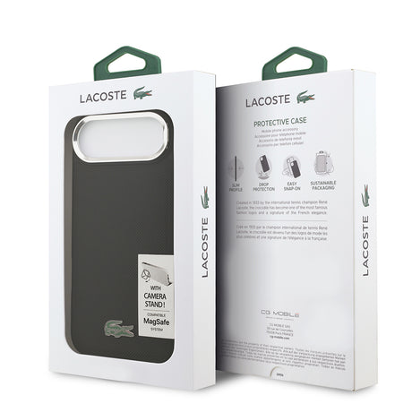 Apple iPhone 17 Air Kılıf Lacoste Orjinal Lisanslı M-safe Şarj Özellikli PU Pike Desenli Standlı Metal Logolu Kapak