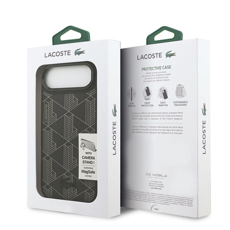 Apple iPhone 17 Air Kılıf Lacoste Orjinal Lisanslı M-safe Şarj Özellikli Standlı PU Deri Karışık Monogram Desenli Kapak