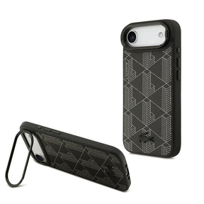 Apple iPhone 17 Air Kılıf Lacoste Orjinal Lisanslı M-safe Şarj Özellikli Standlı PU Deri Karışık Monogram Desenli Kapak