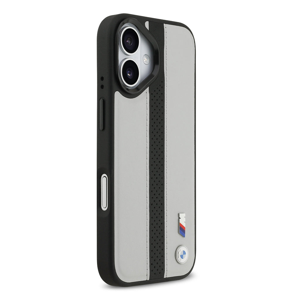 Apple iPhone 17 Kılıf BMW Orjinal Lisanslı M-safe Şarj Özellikli Deri Arka Yüzey Metal Logolu Delikli Şerit Tasarımlı Kapak