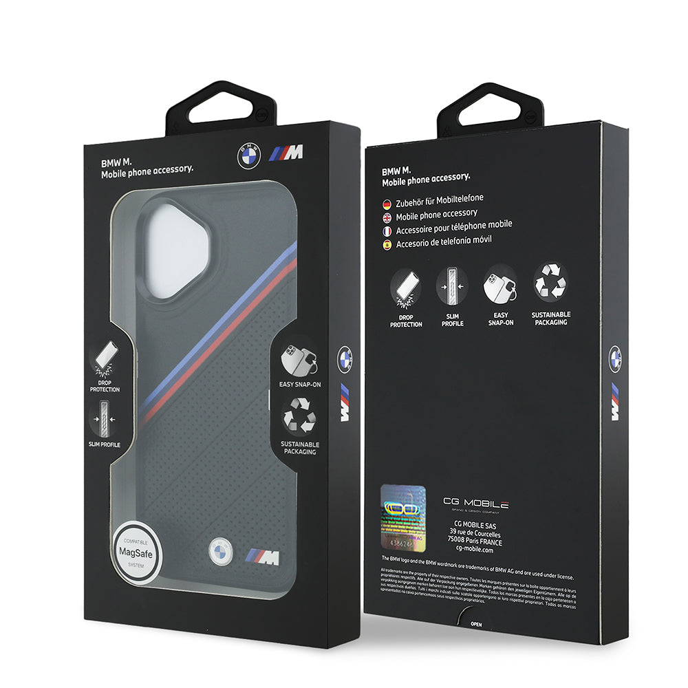 Apple iPhone 17 Kılıf BMW Orjinal Lisanslı M-safe Şarj Özellikli M Logolu Üç Şeritli Delikli Deri Kapak