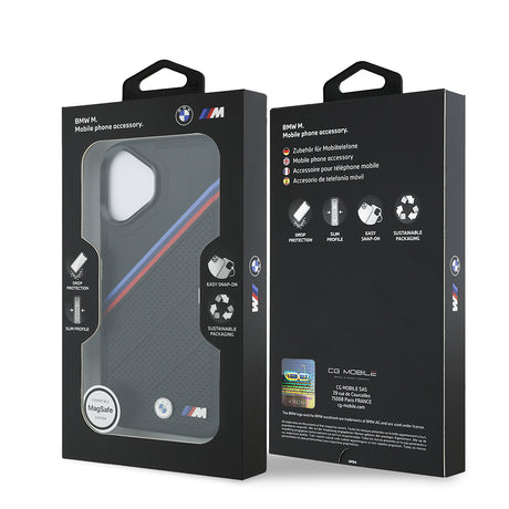 Apple iPhone 17 Kılıf BMW Orjinal Lisanslı M-safe Şarj Özellikli M Logolu Üç Şeritli Delikli Deri Kapak