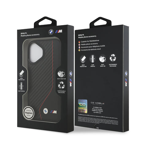Apple iPhone 17 Kılıf BMW Orjinal Lisanslı M-safe Şarj Özellikli Metal BMW ve M Logolu PU Karbon Tasarımlı Kapak