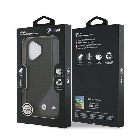 Apple iPhone 17 Kılıf BMW Orjinal Lisanslı M-safe Şarj Özellikli Metal BMW ve M Logolu PU Karbon Tasarımlı Kapak