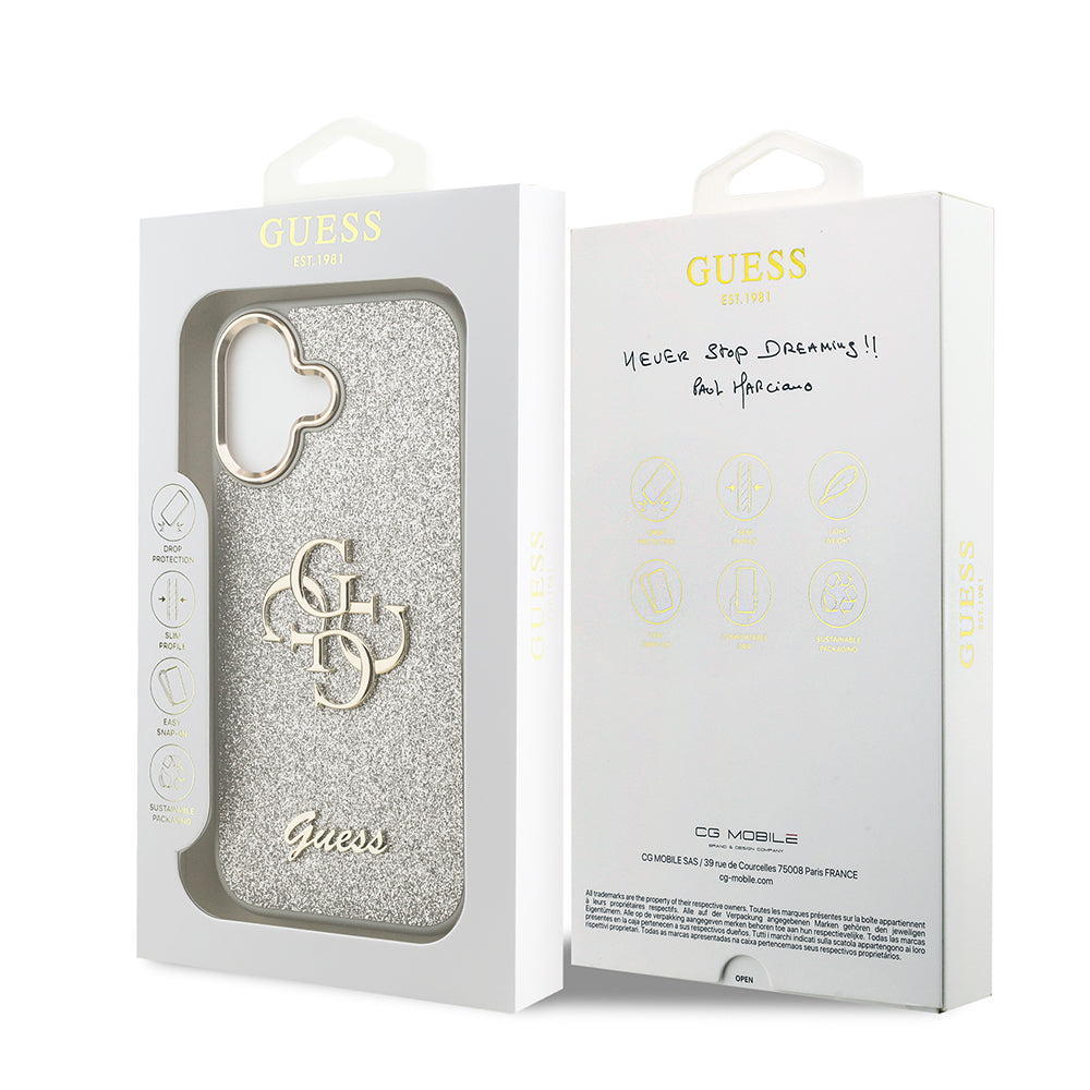 Apple iPhone 17 Kılıf Guess Orjinal Lisanslı 4G Büyük Metal Kamera Çerçeveli ve Logolu Glitter Kapak