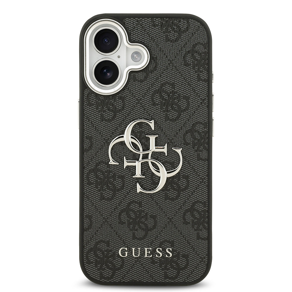 Apple iPhone 17 Kılıf Guess Orjinal Lisanslı Gümüş Metal Kamera Çerçeveli 4G Desenli Metal Büyük 4G ve Yazı Logolu Kapak