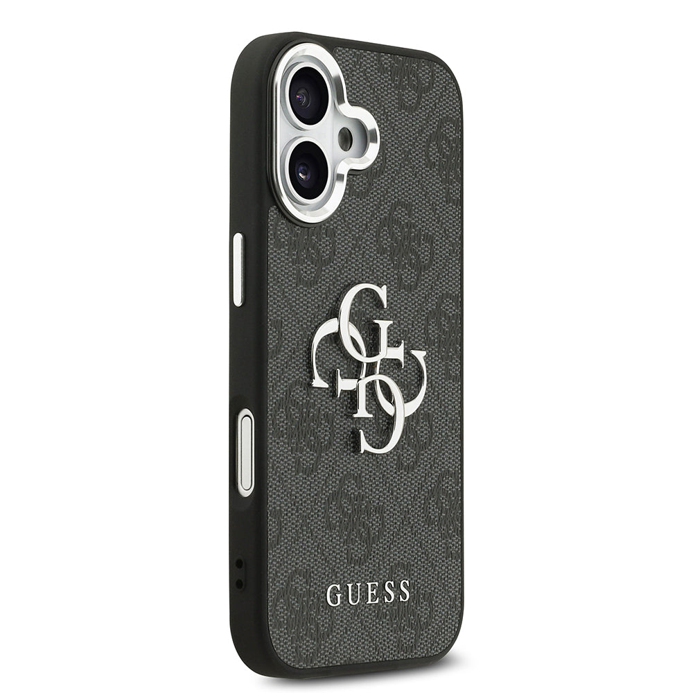 Apple iPhone 17 Kılıf Guess Orjinal Lisanslı Gümüş Metal Kamera Çerçeveli 4G Desenli Metal Büyük 4G ve Yazı Logolu Kapak