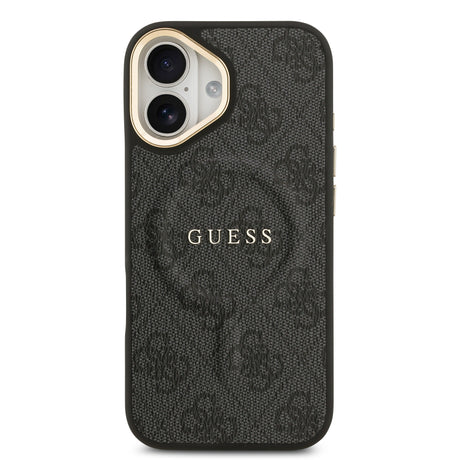 Apple iPhone 17 Kılıf Guess Orjinal Lisanslı M-safe Şarj Özellikli Gold Metal Kamera Çerçeveli PU Deri 4G Desenli Yazı Logolu Kapak