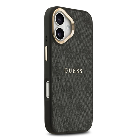 Apple iPhone 17 Kılıf Guess Orjinal Lisanslı M-safe Şarj Özellikli Gold Metal Kamera Çerçeveli PU Deri 4G Desenli Yazı Logolu Kapak