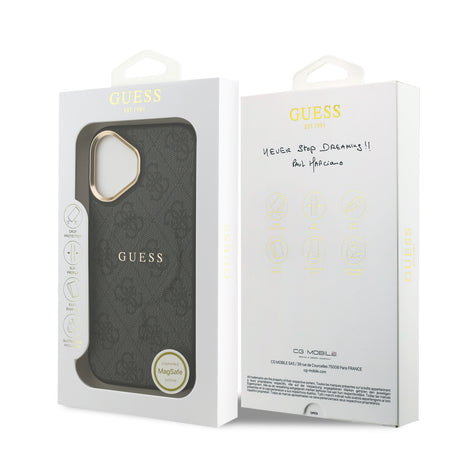 Apple iPhone 17 Kılıf Guess Orjinal Lisanslı M-safe Şarj Özellikli Gold Metal Kamera Çerçeveli PU Deri 4G Desenli Yazı Logolu Kapak