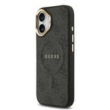 Apple iPhone 17 Kılıf Guess Orjinal Lisanslı M-safe Şarj Özellikli Gold Metal Kamera Çerçeveli PU Deri 4G Desenli Yazı Logolu Kapak