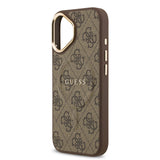 Apple iPhone 17 Kılıf Guess Orjinal Lisanslı M-safe Şarj Özellikli Gold Metal Kamera Çerçeveli PU Deri 4G Desenli Yazı Logolu Kapak