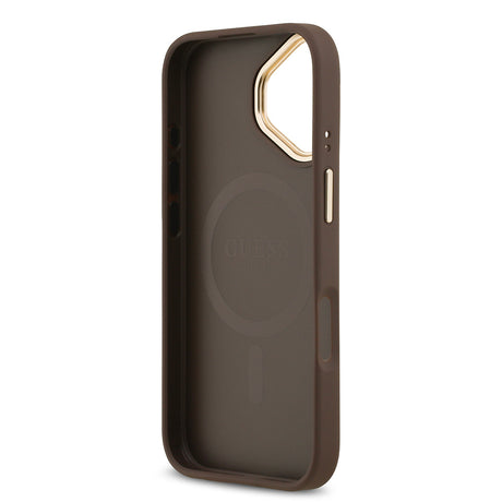 Apple iPhone 17 Kılıf Guess Orjinal Lisanslı M-safe Şarj Özellikli Gold Metal Kamera Çerçeveli PU Deri 4G Desenli Yazı Logolu Kapak