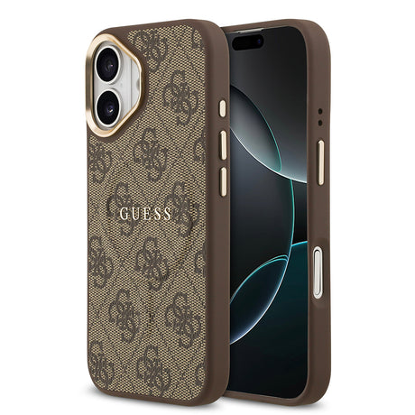 Apple iPhone 17 Kılıf Guess Orjinal Lisanslı M-safe Şarj Özellikli Gold Metal Kamera Çerçeveli PU Deri 4G Desenli Yazı Logolu Kapak