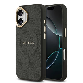 Apple iPhone 17 Kılıf Guess Orjinal Lisanslı M-safe Şarj Özellikli Gold Metal Kamera Çerçeveli PU Deri 4G Desenli Yazı Logolu Kapak