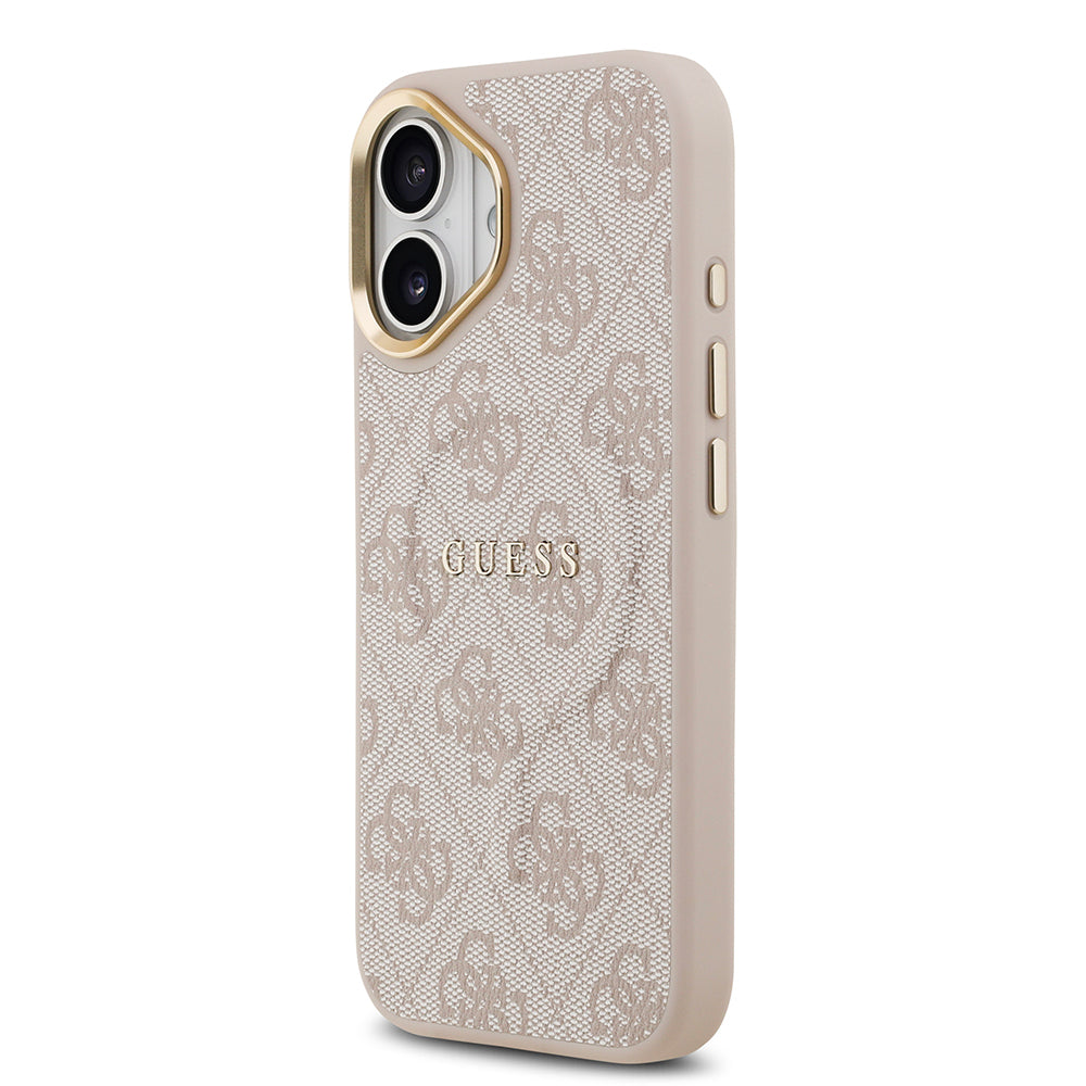 Apple iPhone 17 Kılıf Guess Orjinal Lisanslı M-safe Şarj Özellikli Gold Metal Kamera Çerçeveli PU Deri 4G Desenli Yazı Logolu Kapak