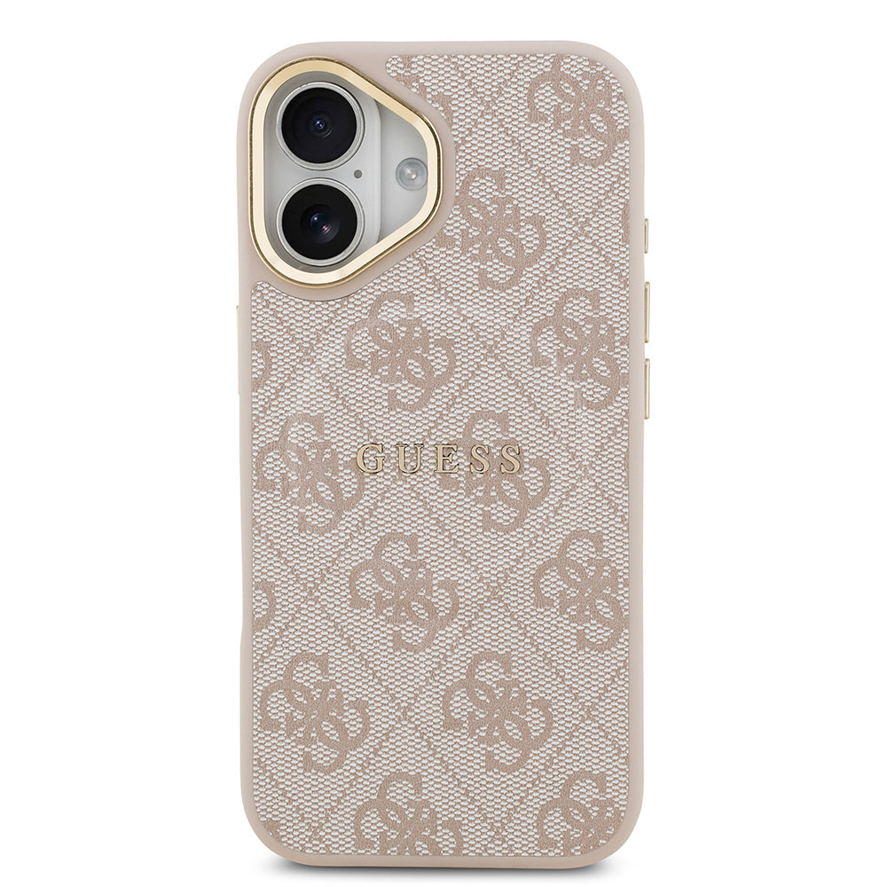 Apple iPhone 17 Kılıf Guess Orjinal Lisanslı M-safe Şarj Özellikli Gold Metal Kamera Çerçeveli PU Deri 4G Desenli Yazı Logolu Kapak