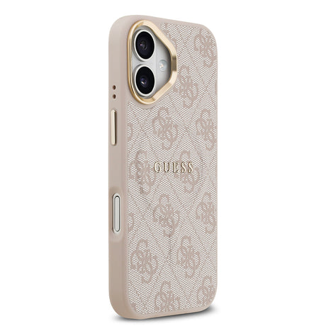 Apple iPhone 17 Kılıf Guess Orjinal Lisanslı M-safe Şarj Özellikli Gold Metal Kamera Çerçeveli PU Deri 4G Desenli Yazı Logolu Kapak