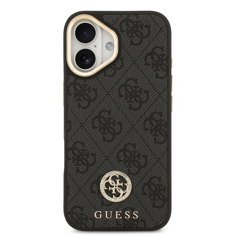 Apple iPhone 17 Kılıf Guess Orjinal Lisanslı M-safe Şarj Özellikli Gold Metal Kamera Çerçeveli Taşlı 4G Logolu Kapak
